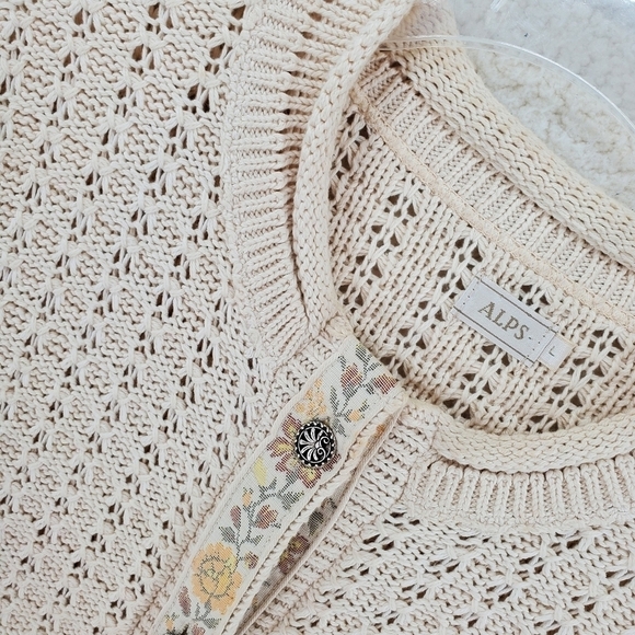 Vtg Alps Cardigan Sweater L Ivory Cotton Grandmacore Button-Up Needlepoint 80s - Picture 9 of 15